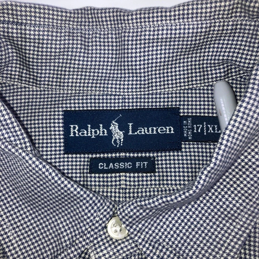 Polo Ralph Lauren Shirt Mens XL 17.5 Houndstooth Navy White L/S Button Down Flaw